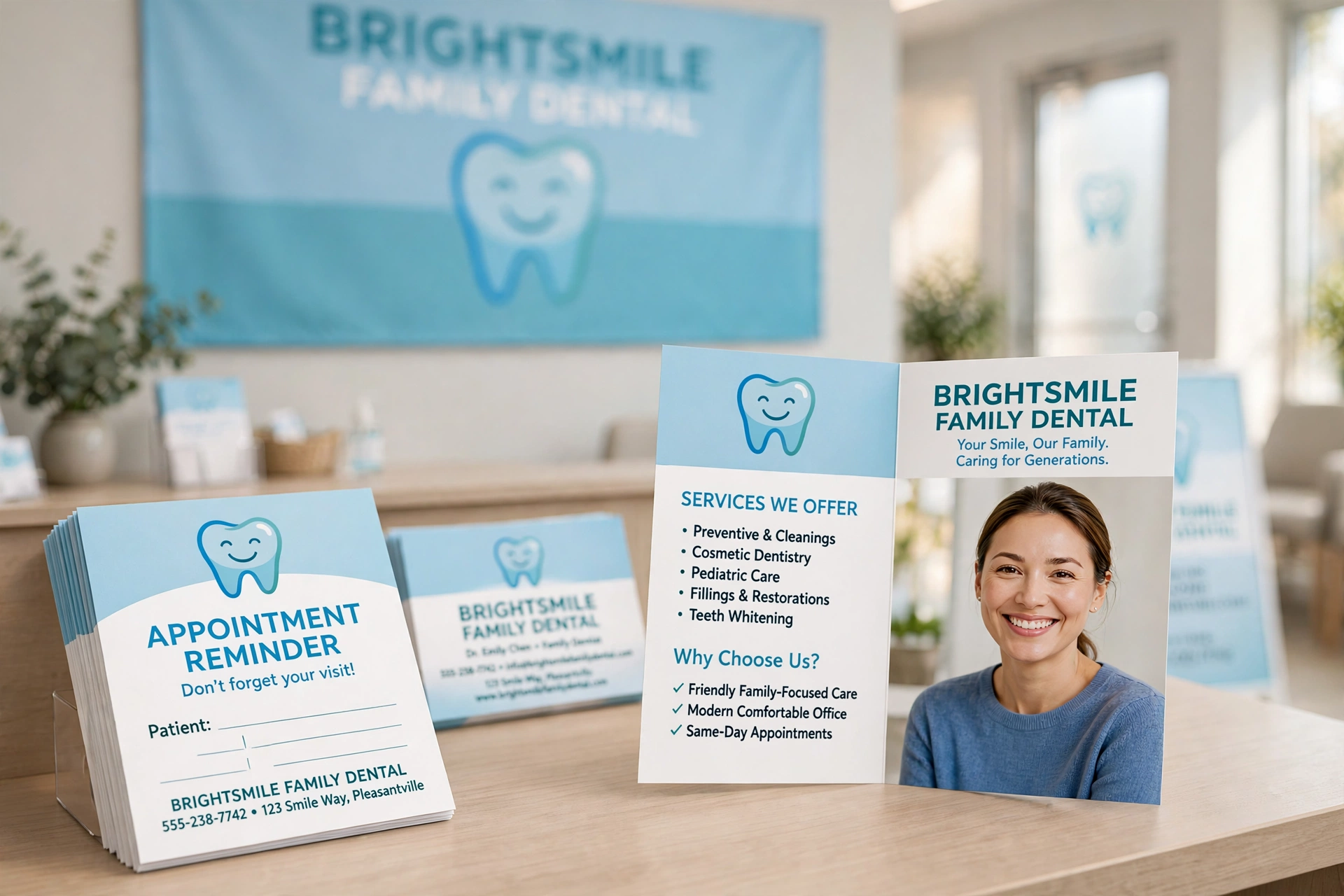Close view of BrightSmile dental printed pieces