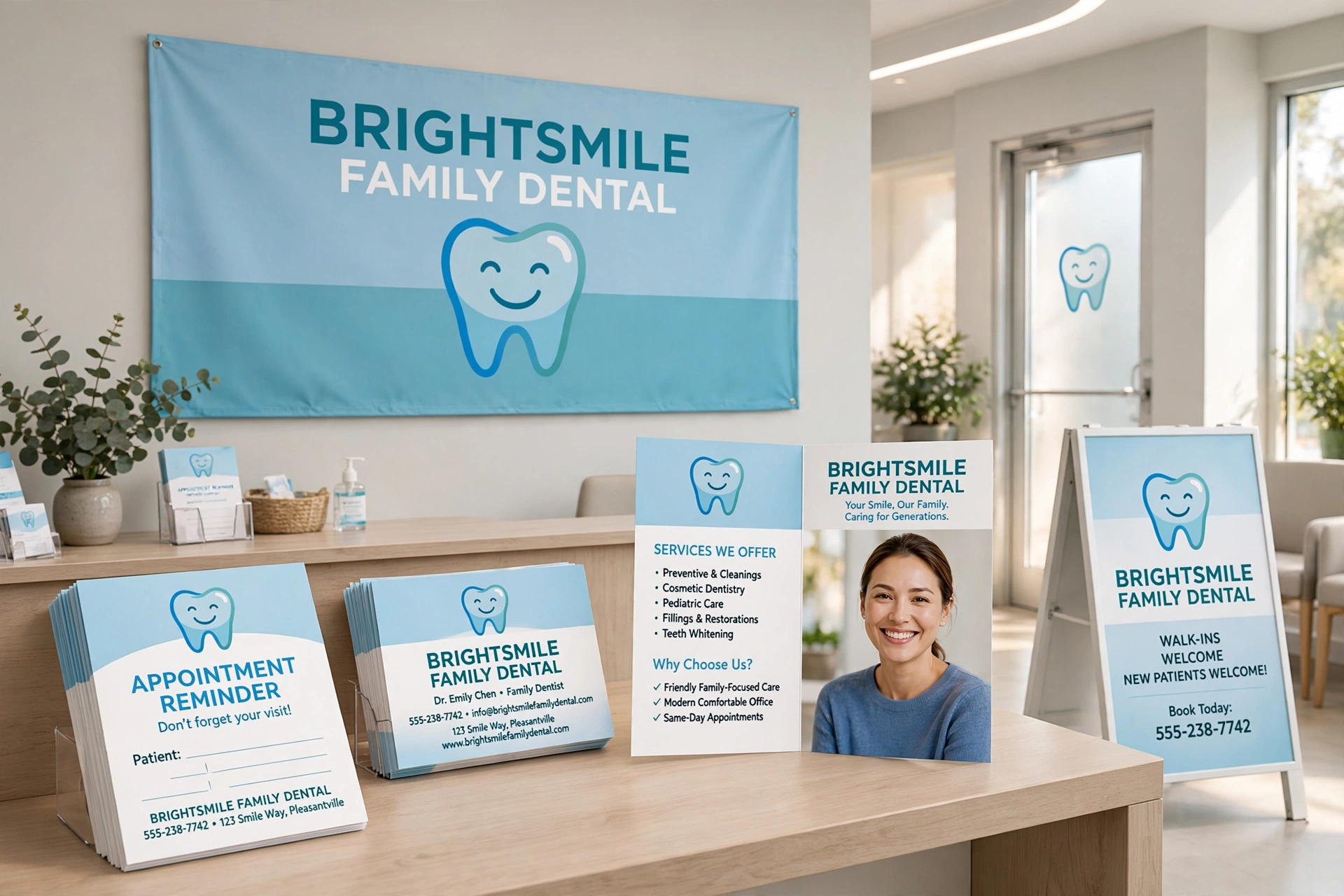 BrightSmile Family Dental matched print set in blue and white