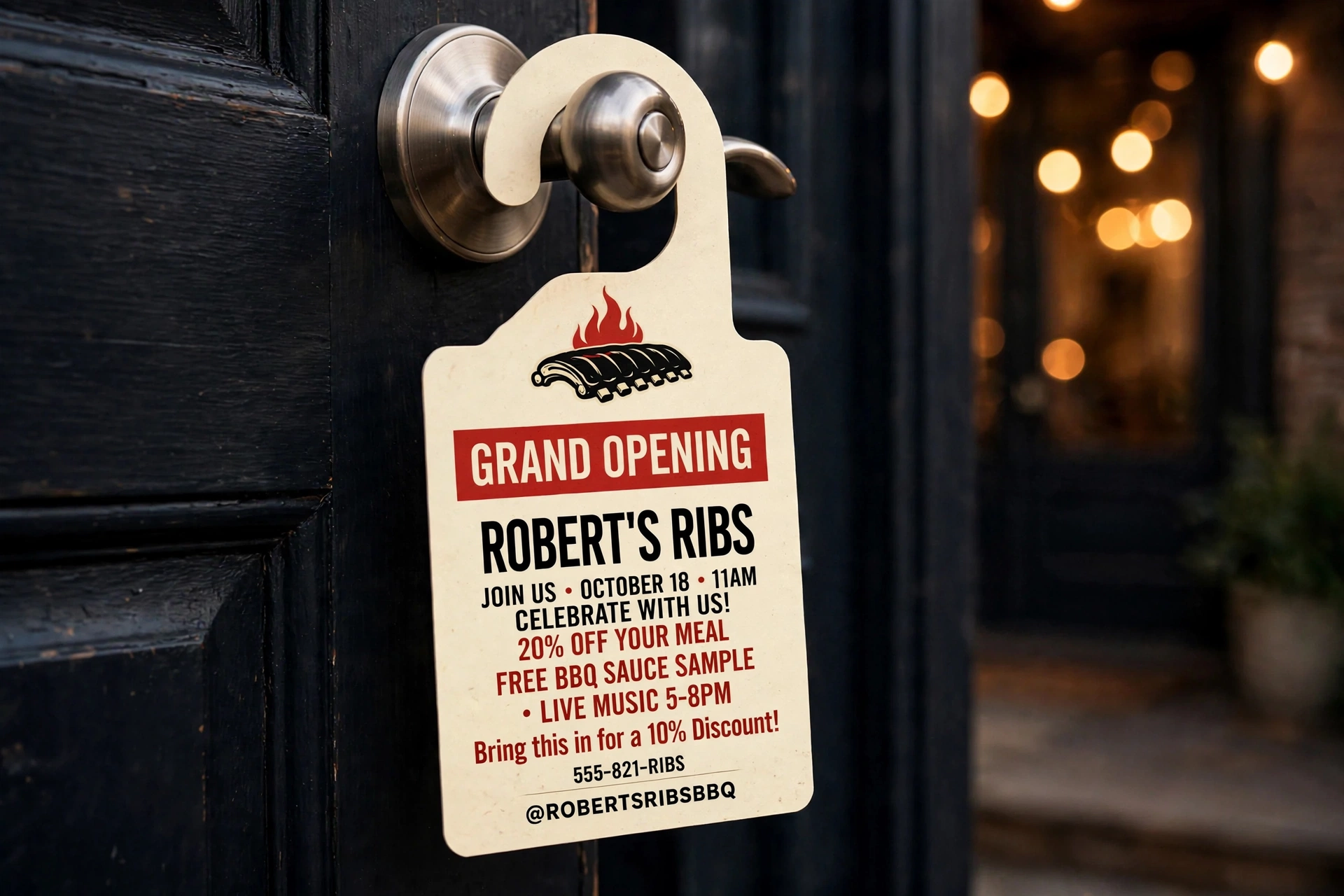 Roberts Ribs grand opening door hanger hanging on a front door handle, in red, black and cream