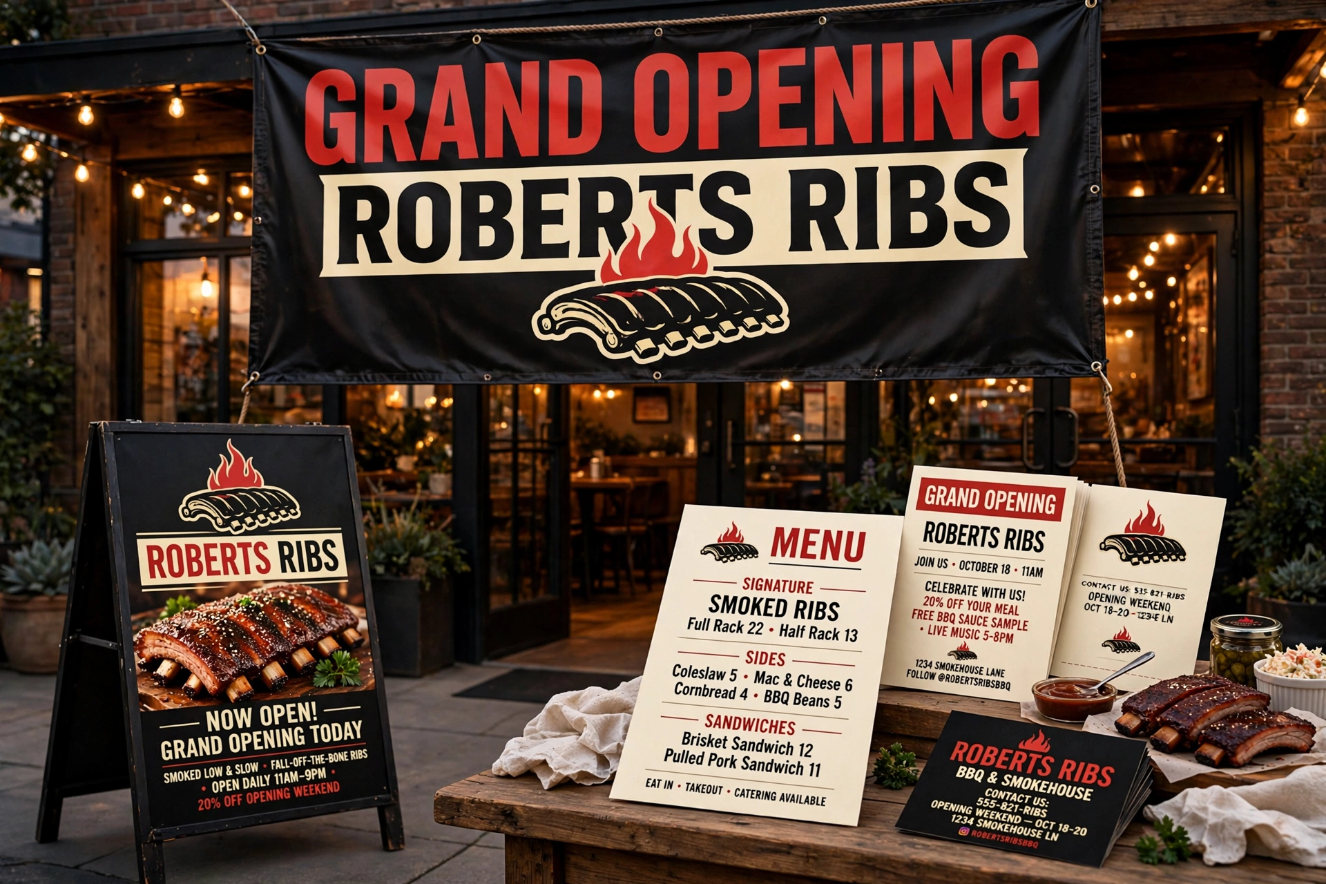 Roberts Ribs matched print set: grand opening banner, A-frame, menu, flyers and business cards in red, black and cream