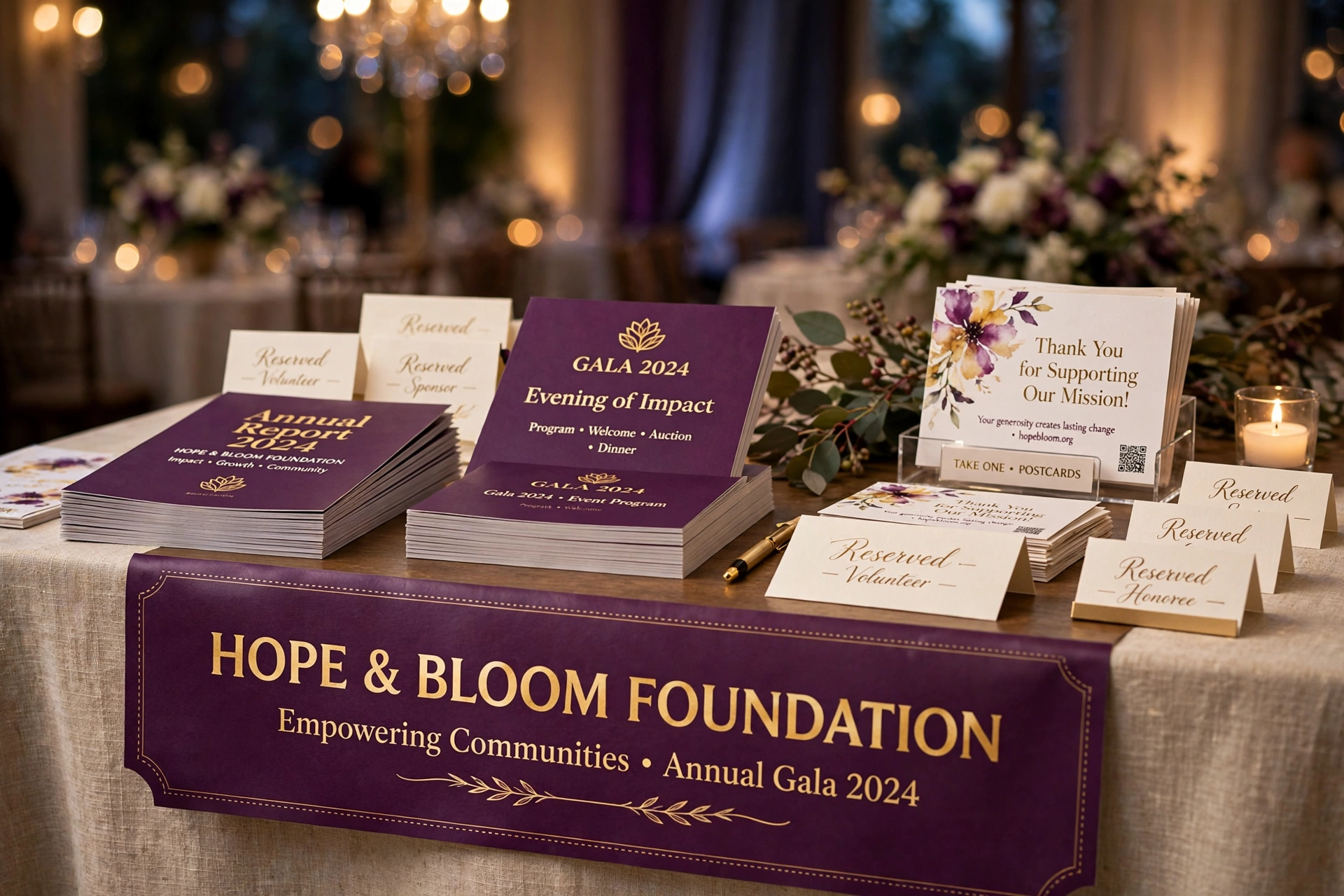 The Harborlight Foundation print set at a gala welcome table: a plum and gold 6x4 ft vinyl banner, annual reports, event programs, business cards and postcards