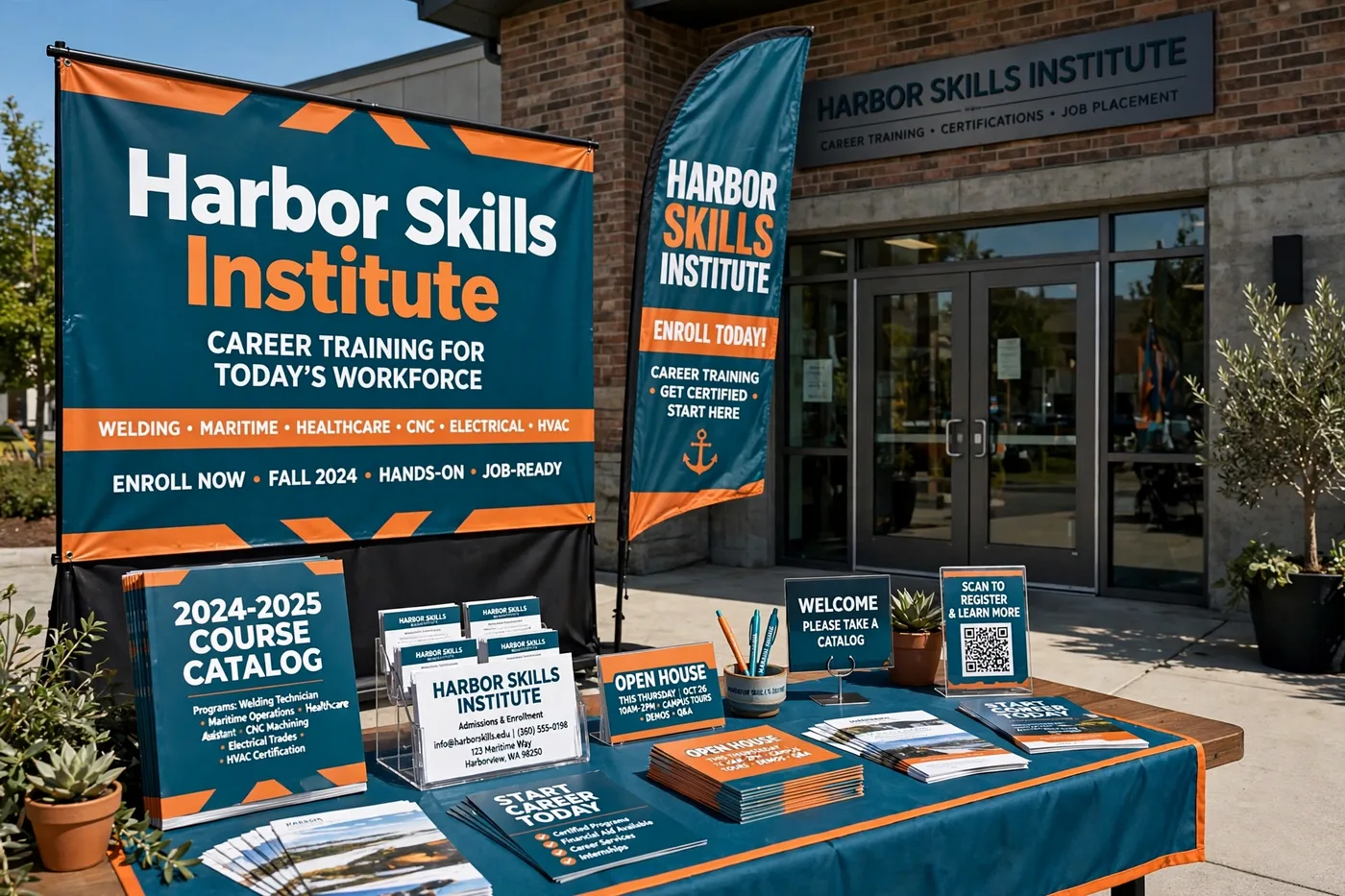 The Harbor Skills Institute print set at the school entrance: a teal and orange 6x4 ft vinyl banner, a tall feather flag, and a welcome table with business cards, course catalogs and postcards