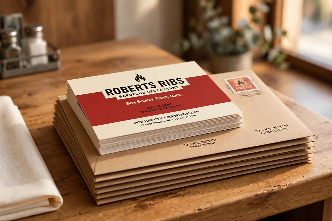 A stack of Roberts Ribs direct mail postcards and envelopes ready to mail, in red, black and cream