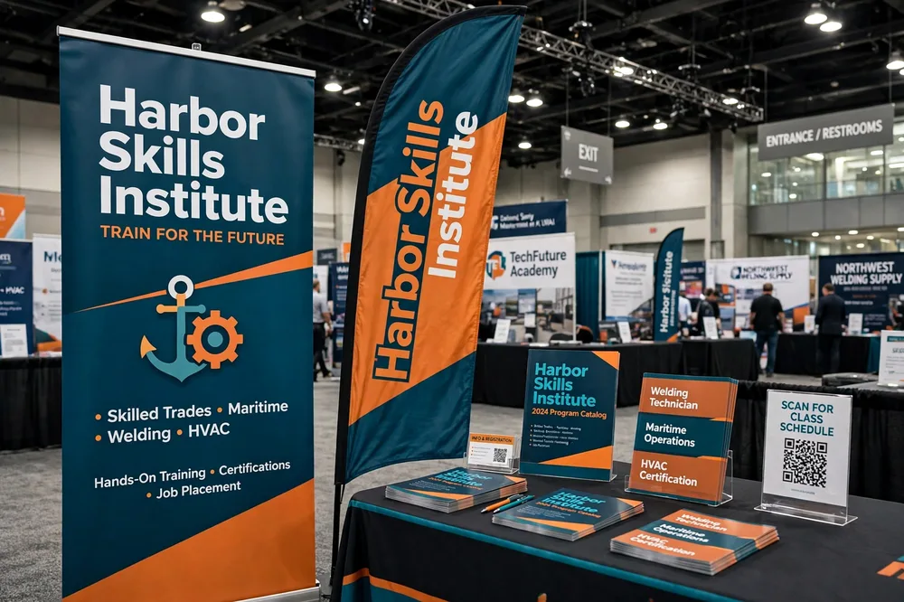 Recruiting banners and a career fair booth for Harbor Skills Institute