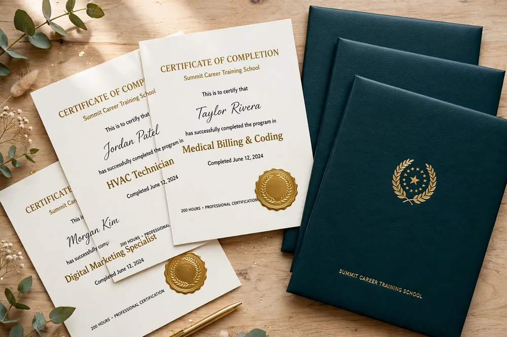 Graduation certificates and diploma covers for Harbor Skills Institute