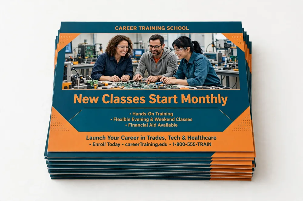 A stack of Harbor Skills Institute direct mail postcards ready to mail