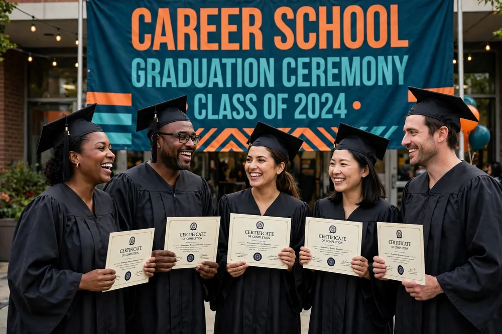Graduation programs and a banner for Harbor Skills Institute