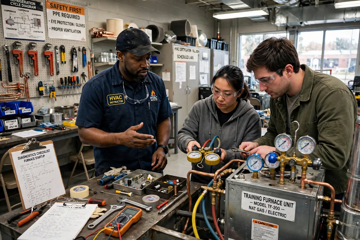 An HVAC instructor guiding two students at a training furnace at Harbor Skills Institute