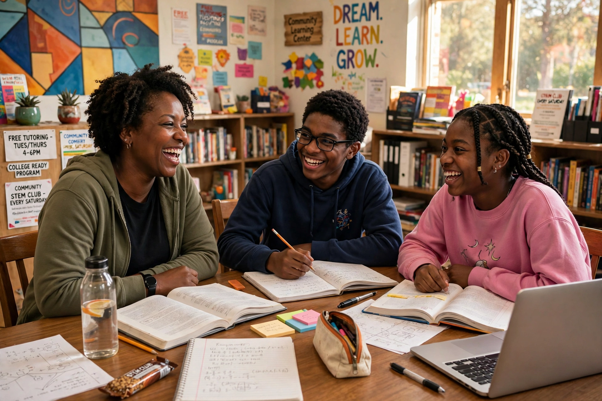 A Harborlight mentor laughing with two students over homework at the community learning center