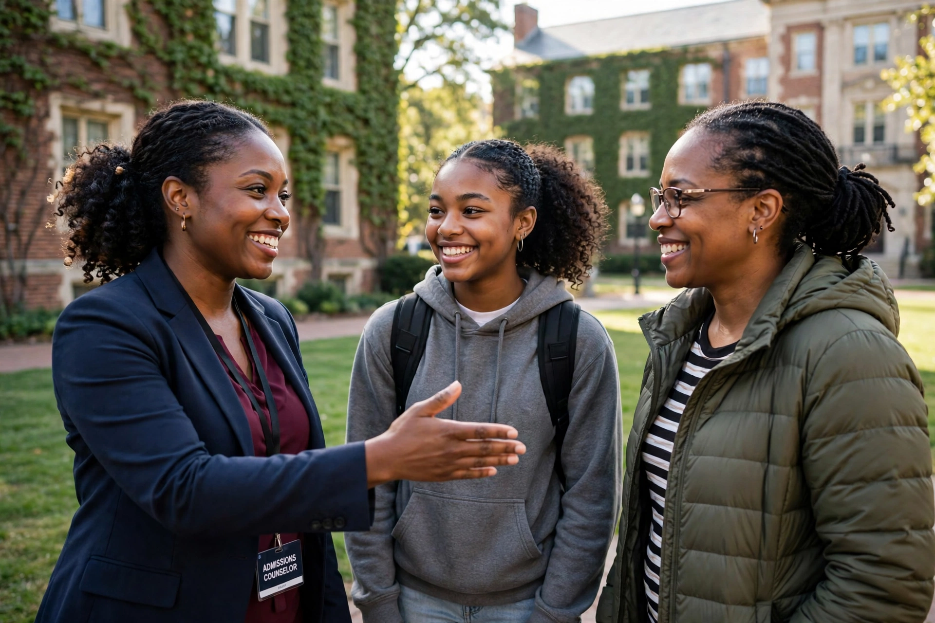 An admissions counselor greeting a prospective student and her mother on a tour of the Westbrook College campus
