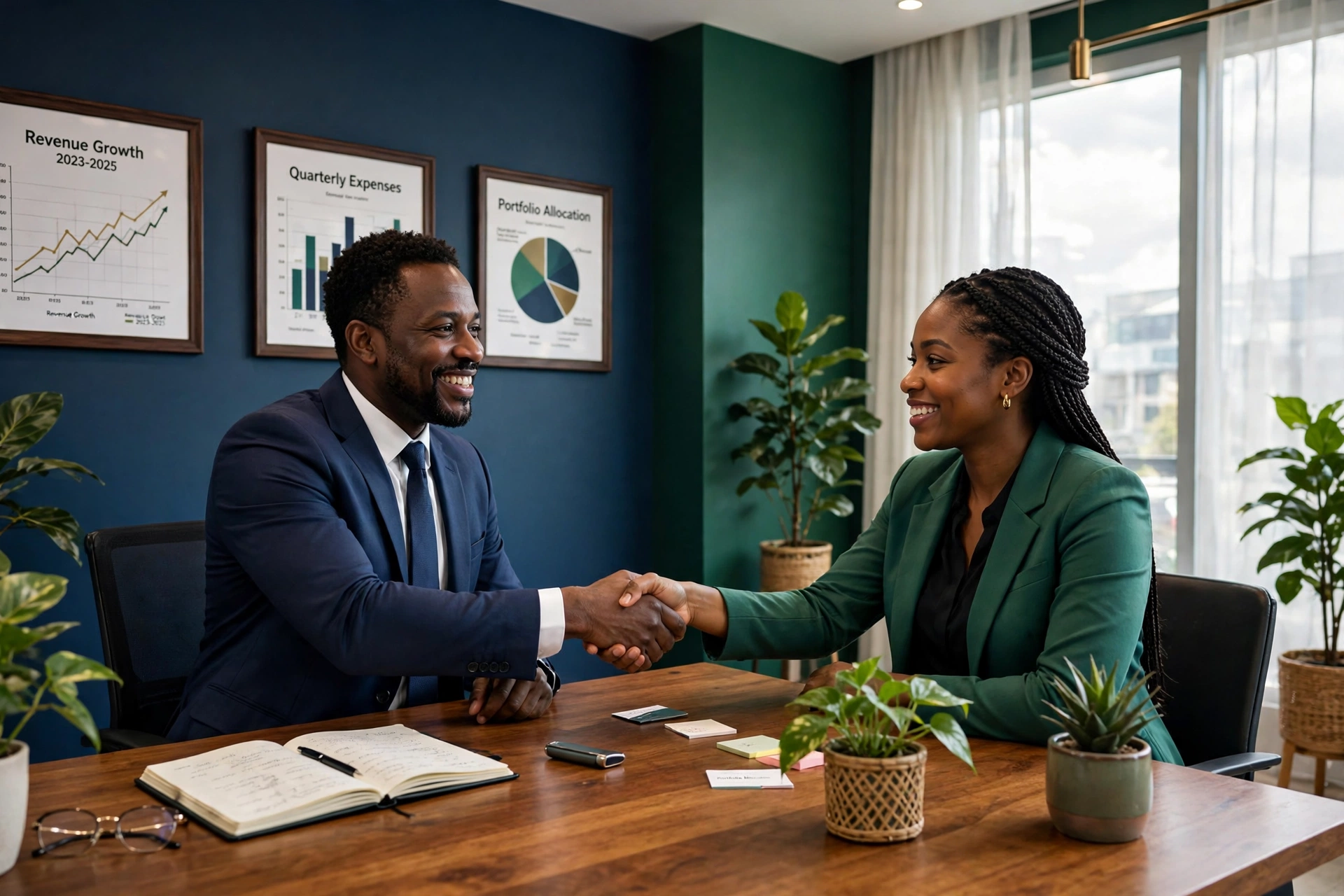 A Summit Ledger Accounting advisor shaking hands with a client in the firm's office